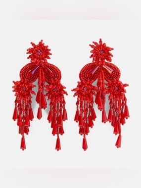 🆕 Zara Red Beaded Floral Fringe Earrings